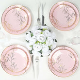 Set of 20 Plastic Round Dinner and Dessert Plates in Dusty Rose with Metallic Gold Floral Design - Stylish Disposable Dinnerware 8", 10"